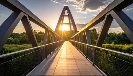 Bridge over the river in the evening. Landscape with a pedestrian bridge.の素材
