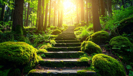 Stone stairs in the green forest at sunrise. Beautiful nature background.の素材