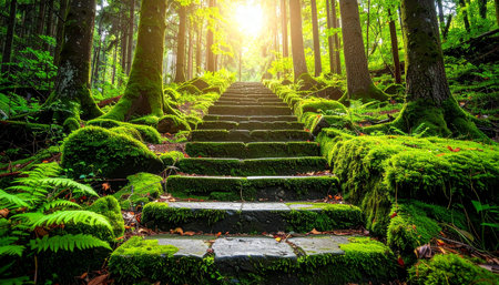 Stairs in the forest with green moss and ferns.の素材