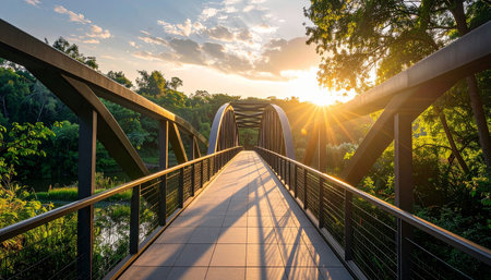 Pedestrian bridge over the river in the park at sunset.の素材