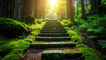 Staircase in the forest with green moss and sun rays.の素材