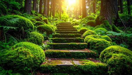 Stone stairs in the forest at sunset. Beautiful natural background with green moss.の素材