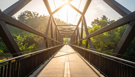 Bridge in the park with sun light and shadow on the ground.の素材