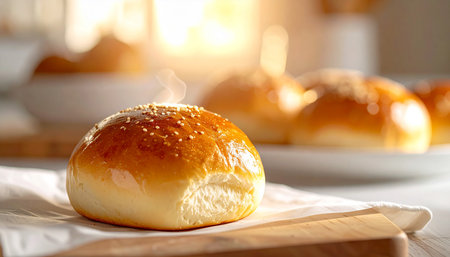 Buns with sesame seeds on wooden cutting board, closeupの素材