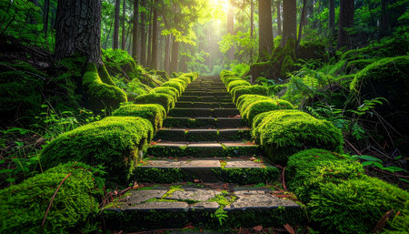 Stone stairs in the green forest, beautiful nature background and copy spaceの素材