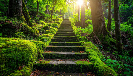Staircase in the forest with green moss and sun rays.の素材