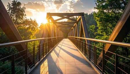 Bridge over the river at sunset. Beautiful summer landscape with wooden bridge.の素材