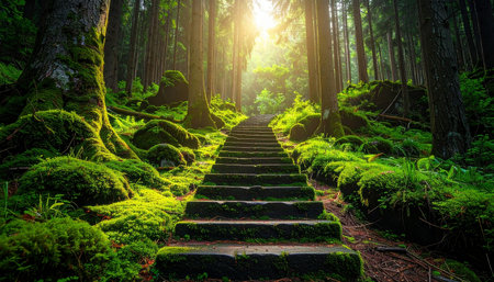 Stairs in the forest with green moss and sunlight in morning.の素材