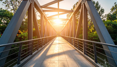 Pedestrian bridge over the river at sunset in the park.の素材