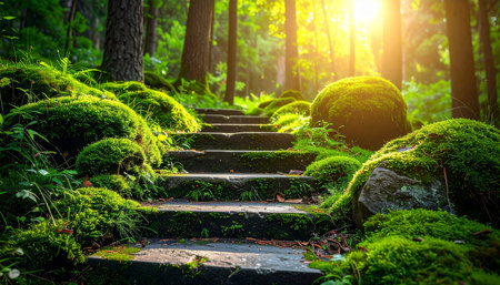Stone stairs in the forest with green moss and sunlight in the morningの素材
