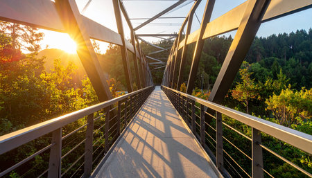 Sunset view of a metal bridge over the river in the forestの素材