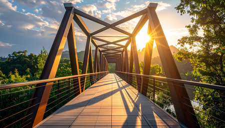 Pedestrian bridge over the river at sunset. Beautiful landscape.の素材