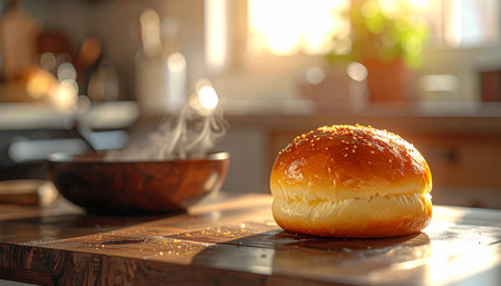 Bun with sesame seeds on table in kitchen, closeupの素材