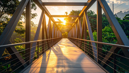 Sunset view of the pedestrian bridge over the river in the morning.の素材