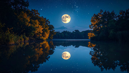 Full moon over the lake in the forest at night. Beautiful natural landscape.の素材