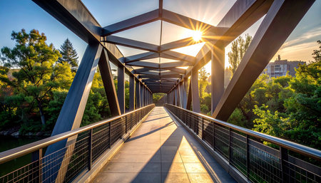 Pedestrian bridge over the river in the city park at sunsetの素材