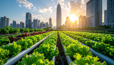 Organic hydroponic vegetable farm with cityscape background in Shenzhen,China.の素材