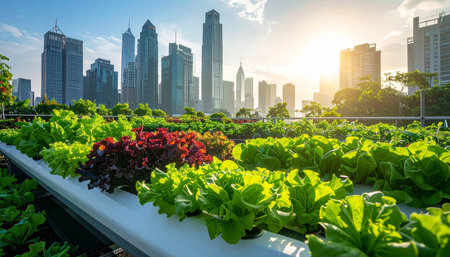 Green lettuce in hydroponic farm with city skyline background at sunsetの素材