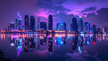 Panoramic view of Singapore skyline at night with reflection in waterの素材