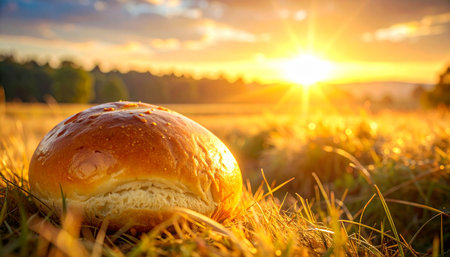 Bread on the grass in the field at sunset. Food backgroundの素材