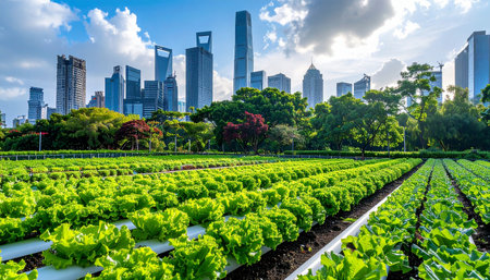Lettuce field with modern city skyline background in Shenzhen,China.の素材