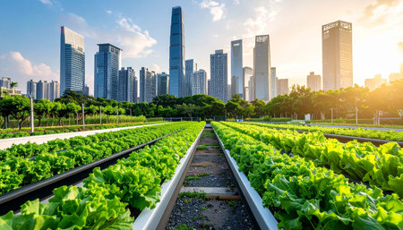 Lettuce field and modern city skyline in Shenzhen,China.の素材