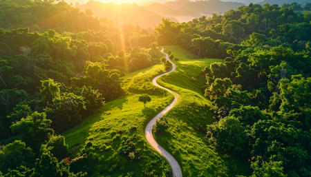 Aerial view of beautiful green meadow and road in sunset timeの素材