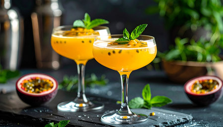 Passion fruit cocktail with mint and passion fruit on dark background.の素材