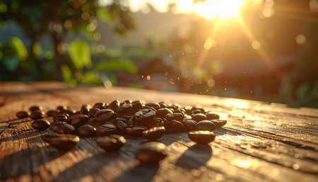 Coffee beans on a wooden table in the morning light.の素材
