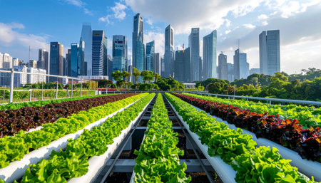 Green hydroponic vegetable garden in modern city park with skyscrapers backgroundの素材