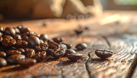 Coffee beans on a wooden table, close-up.の素材