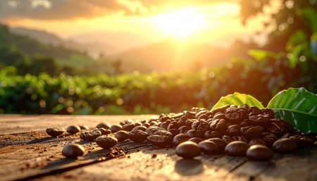 Coffee beans on wooden table in coffee plantation at sunset.の素材