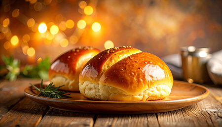Sweet buns with sesame seeds on a plate on a wooden tableの素材
