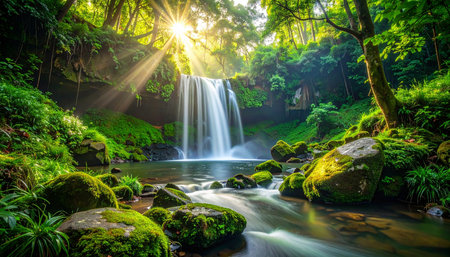 Beautiful waterfall in the rain forest with green moss and sunlight.の素材
