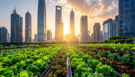 Vegetable garden with city skyline background in Shanghai,China.の素材