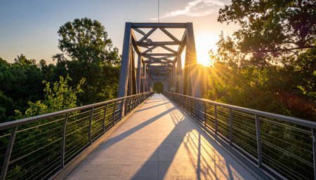 Sunset over a pedestrian bridge over the river in the summer.の素材