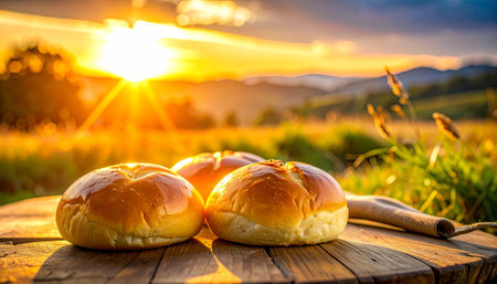 Bread rolls on a wooden table in the field at sunset.の素材