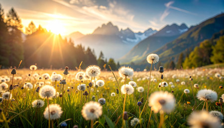 Mountain meadow with dandelions at sunset. Beautiful summer landscapeの素材