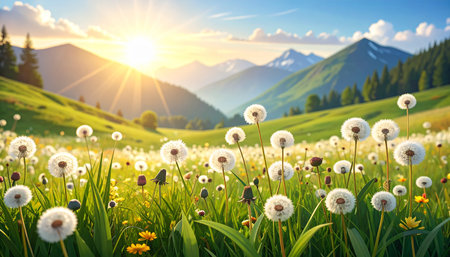 Beautiful spring landscape with dandelions and mountains in the backgroundの素材