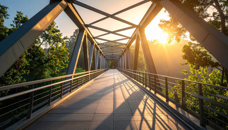 Pedestrian bridge over the river at sunset in the park.の素材