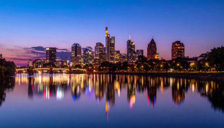 Downtown Los Angeles skyline reflected in the lake at dusk, Californiaの素材