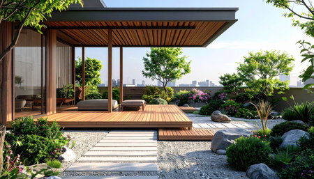 3d rendering of a modern house with garden and beautiful landscapingの素材