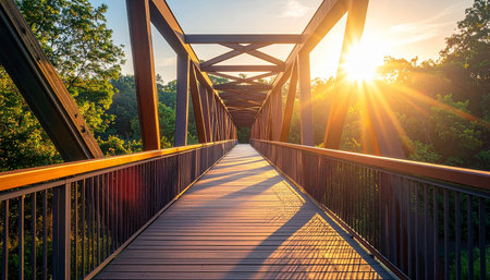 Bridge over the river at sunset. Nature background with sun rays.の素材