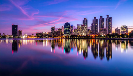 Bangkok cityscape with reflection in the lake at twilight, Thailand.の素材