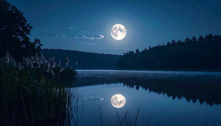 Full moon over the forest lake at night. Beautiful nature landscape.の素材