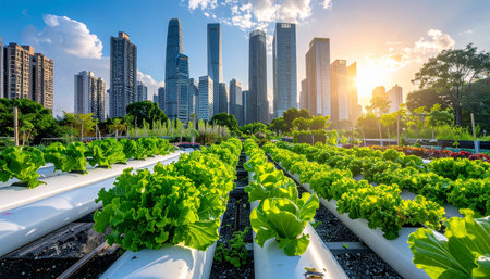 Hydroponic vegetable in hydroponic farm with cityscape backgroundの素材