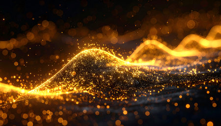 3d render of golden particles wave flow with bokeh lights on black background. Abstract background with depth of field.の素材