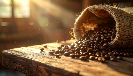 coffee beans in a burlap sack on a wooden table.の素材