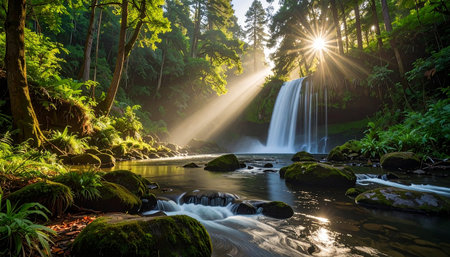 Beautiful waterfall in the forest at sunset, Phuket, Thailandの素材