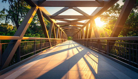 Pedestrian bridge in the park at sunset. Nature background.の素材